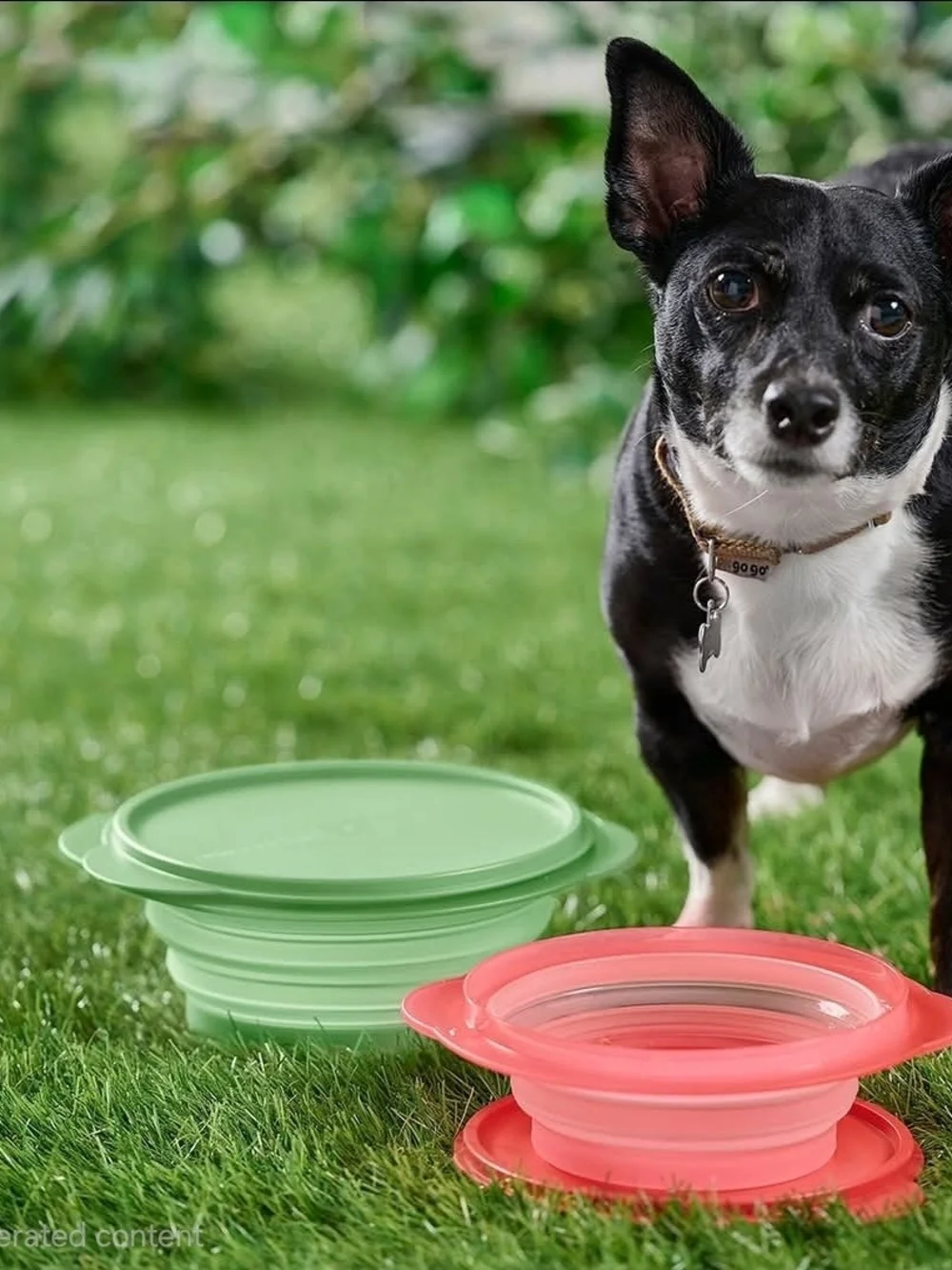 Tupperware Flatout Red and Green Pet Bowls with Water Bottle